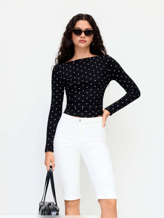 Cider Tops - Cider navy blue Long Sleeve boat neck Polka Dot Top